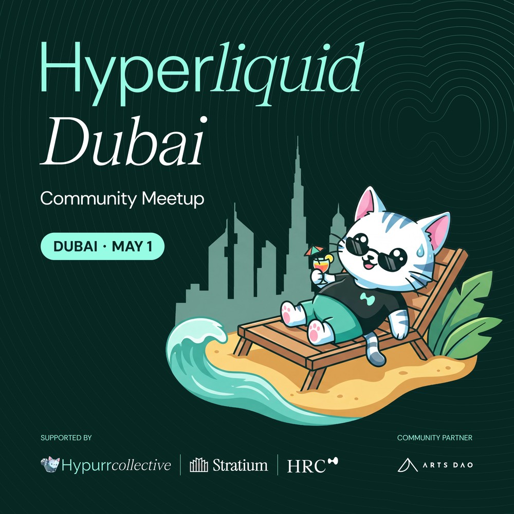 Hyperliquid Dubai community event cover, May 1: Hypurr in sunglasses on a beach chair with the Dubai skyline behind