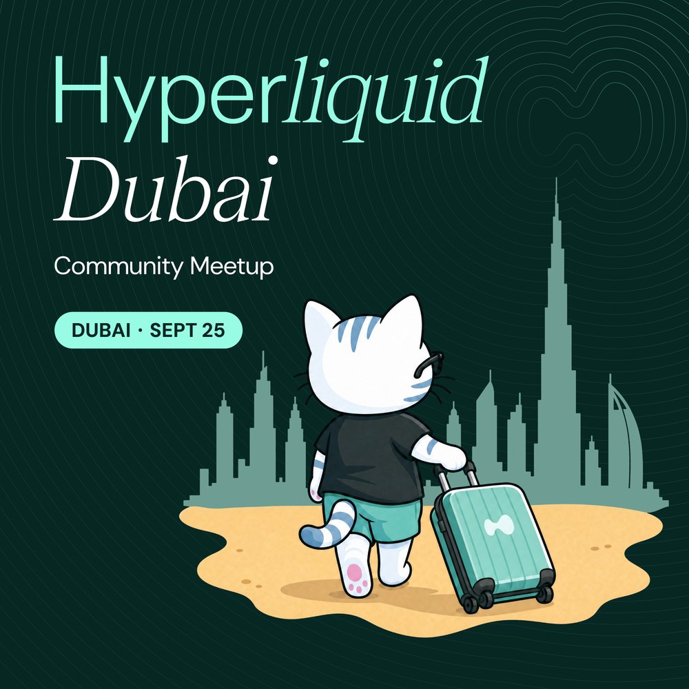 Hyperliquid Dubai community event cover, September 25: Hypurr pulling a suitcase across the sand toward the Dubai skyline
