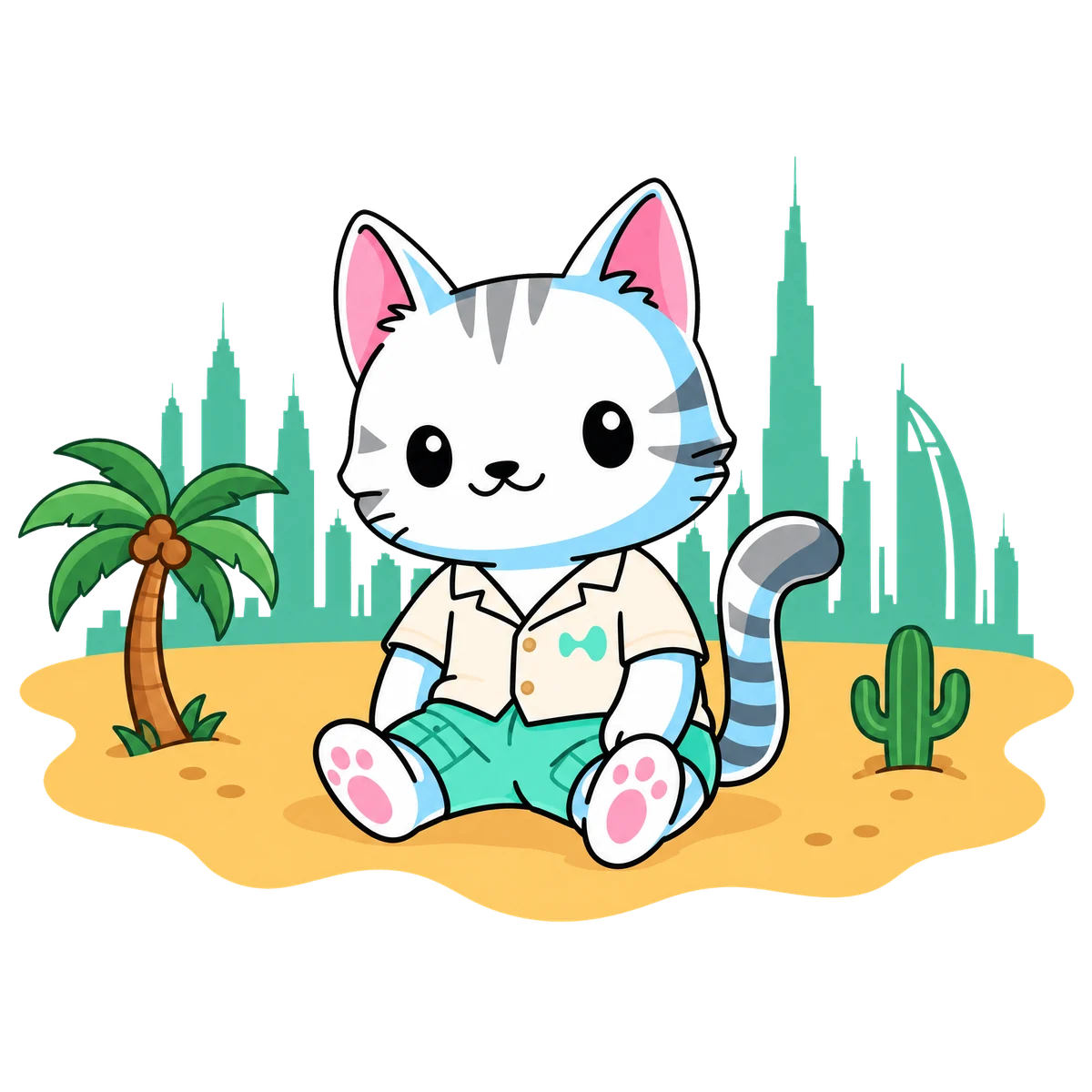 Hypurr, the Hyperliquid cat, in a cream camp shirt and mint shorts, lounging on a desert dune with the Dubai skyline behind